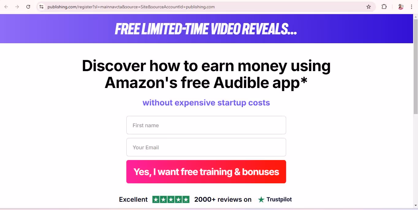A webpage promoting a free video on earning money using Amazon's Audible app without startup costs. Features a form for first name and email, and a button to request free training and bonuses. Trustpilot logo with five-star reviews displayed below.