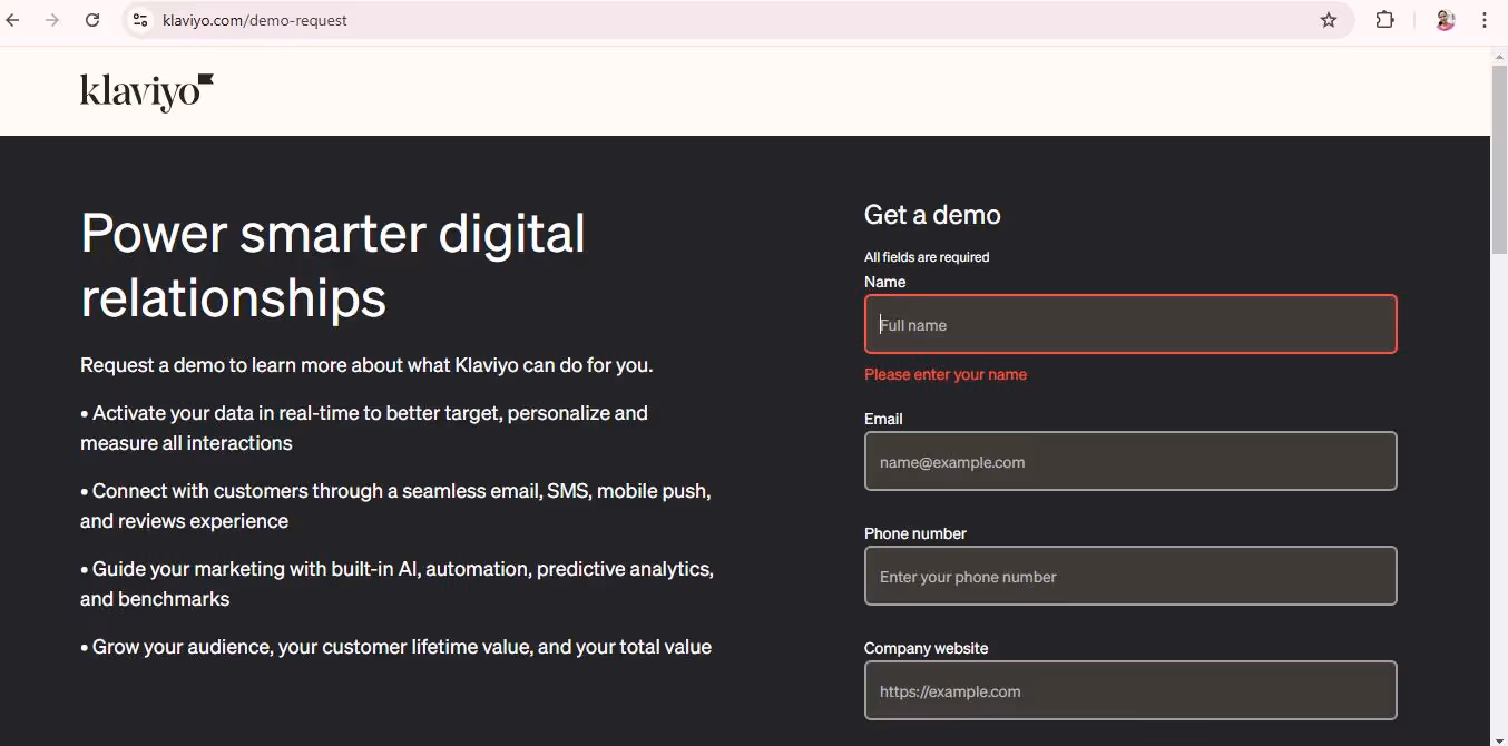 A webpage for Klaviyo's demo request form. The page includes information on enhancing digital relationships and a form requiring the user's name, email, phone number, and company website to request a demo.