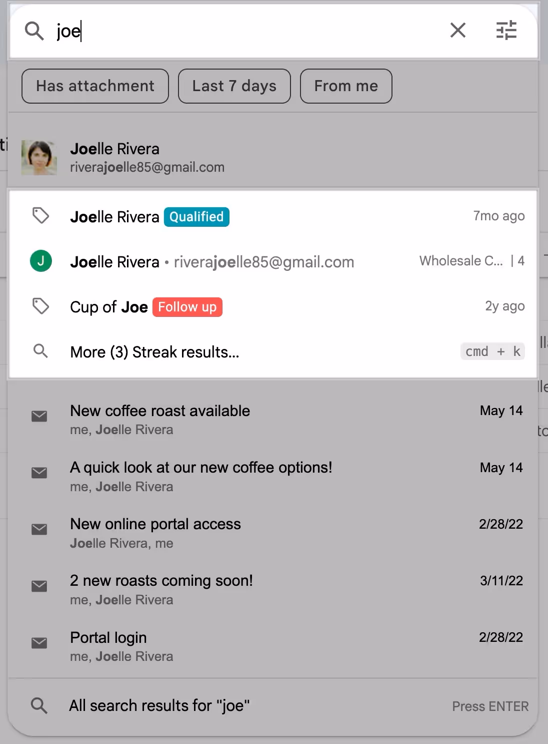 Image showing an email search interface with the keyword "joe" entered. Results include emails from "Joelle Rivera" with subjects like "New coffee roast available" and "Portal login." Some results are marked as "Qualified," "Follow up," or have specific dates.