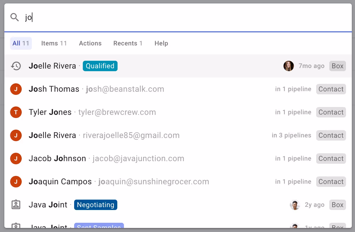 A software interface displaying a search result list with names and emails. Joelle Rivera, marked as "Qualified," is highlighted. Options to contact or view details are shown alongside each name. A search bar at the top contains the text "jo.