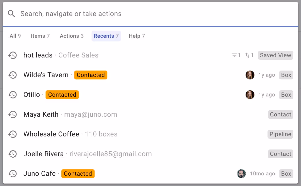 A management dashboard with tabs for different status categories. Items listed include "hot leads," "Wilde's Tavern," and more. Some entries are marked "Contacted." Options like "Save" and "Box" are available for each entry.