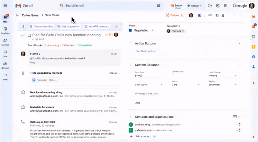 Streak CRM box view in Gmail showing deal stage, tasks, emails, and custom fields for a sales opportunity.