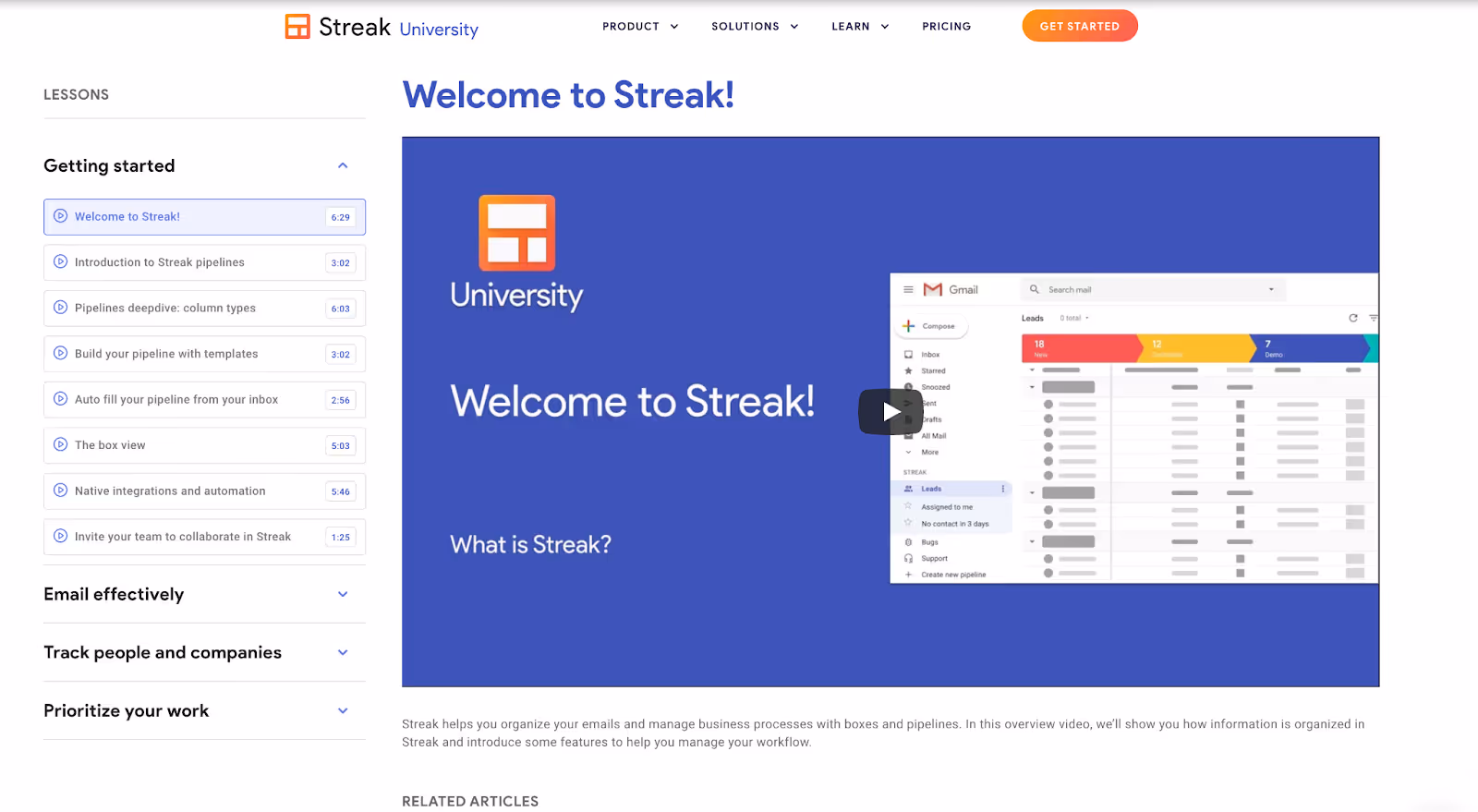 Streak University training page with a welcome video and lesson list for learning Streak CRM.