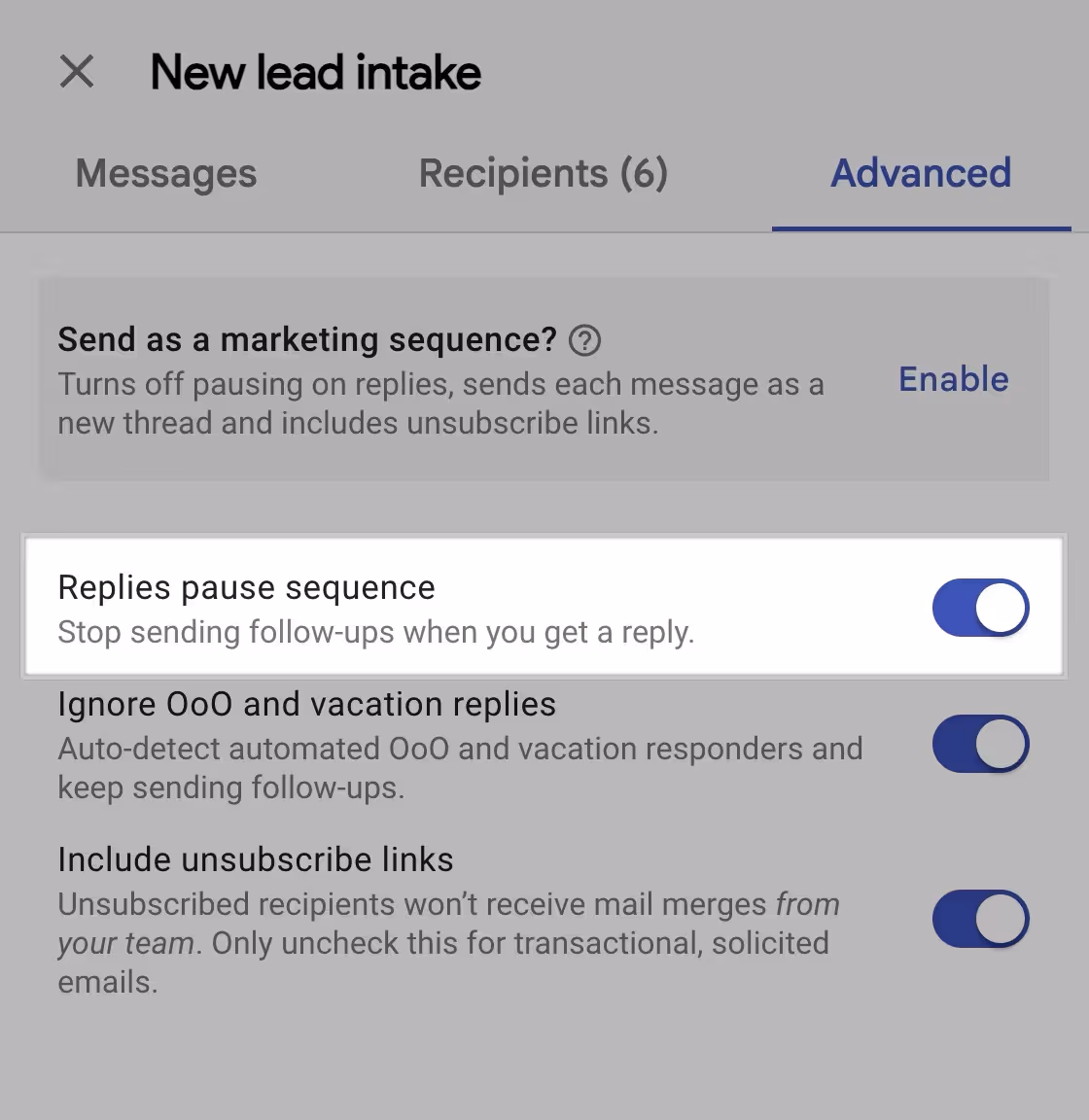 Streak CRM advanced email sequence settings with “Replies pause sequence” toggle enabled to stop follow-ups after a reply.