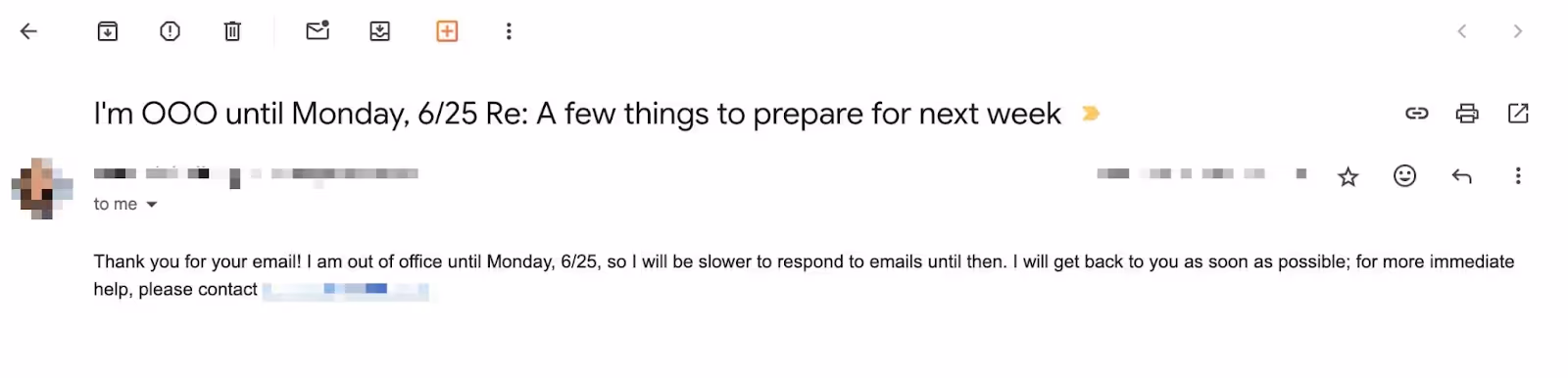 Out of office email auto-reply showing a recipient unavailable until June 25, used for Streak CRM vacation reply detection.
