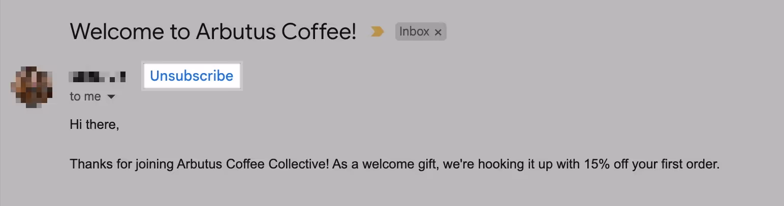 Marketing email with visible unsubscribe link, used by Streak CRM to manage compliance and opt-outs.