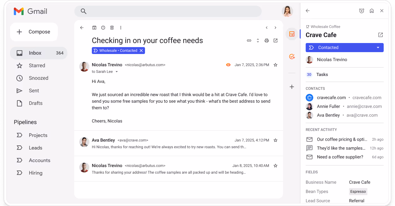 Streak CRM sidebar in Gmail showing Crave Cafe pipeline details, contact info, and recent email activity.