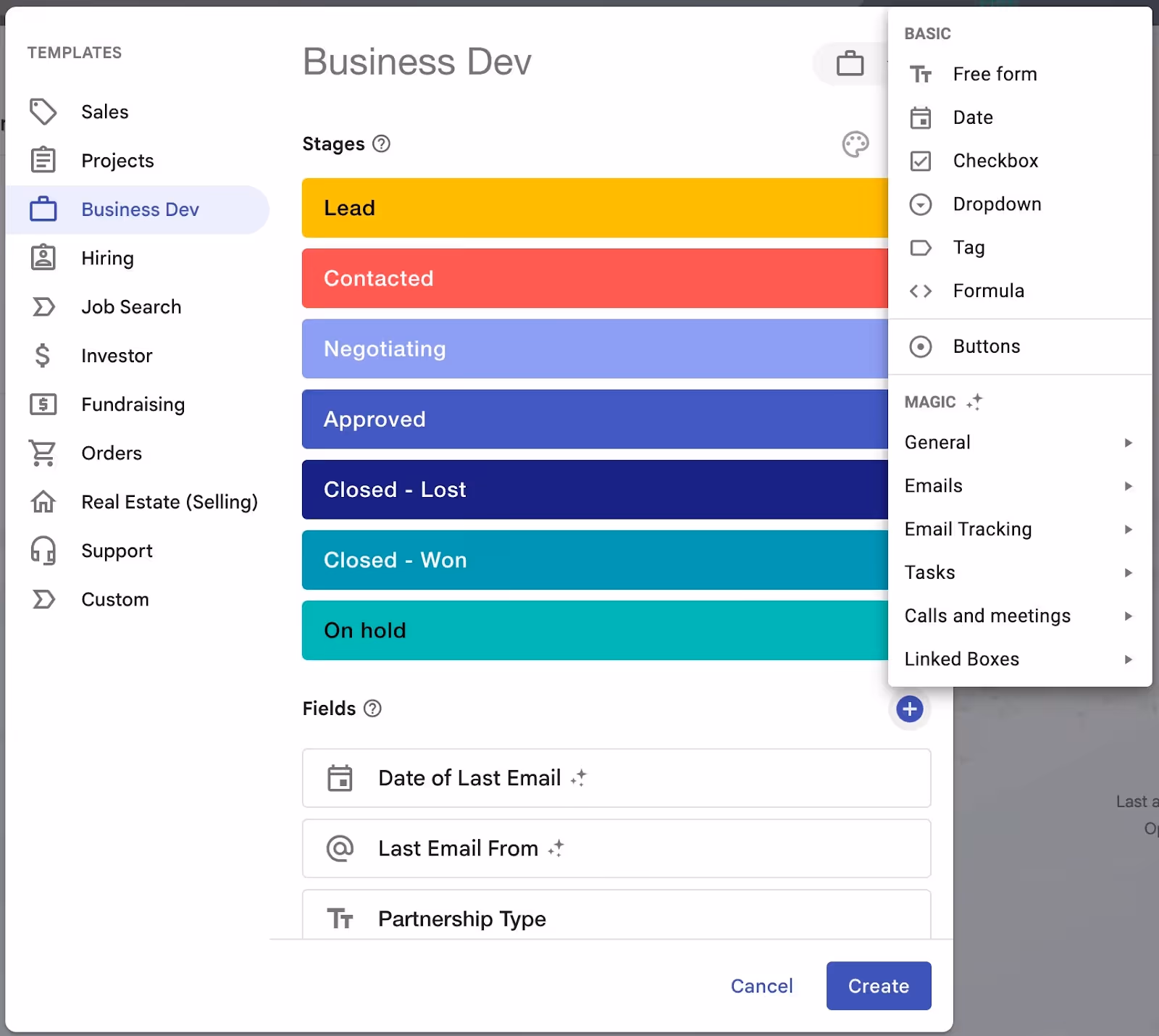 Streak CRM pipeline setup with customizable stages, fields, and automation options for business development.