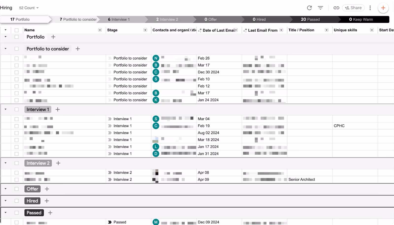 Streak CRM Hiring pipeline tracking candidates by stage, interview progress, contact details, and job titles.