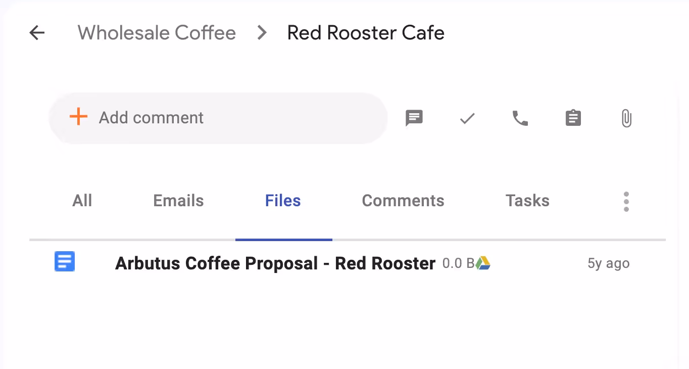 Streak CRM file tab showing Google Doc titled "Arbutus Coffee Proposal - Red Rooster" under Red Rooster Cafe pipeline.