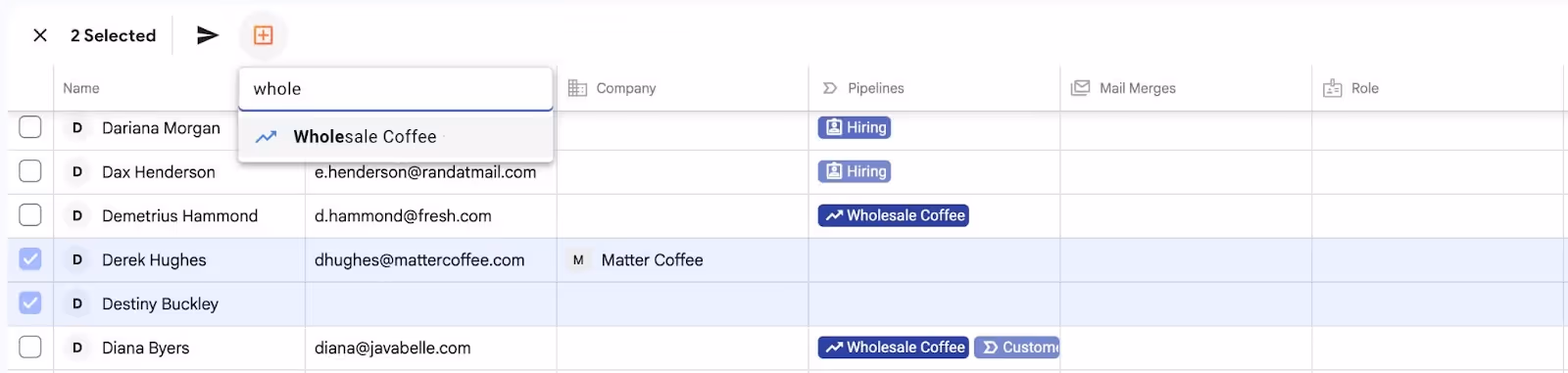 Streak CRM pipeline view with two contacts selected and “Wholesale Coffee” pipeline filter applied.