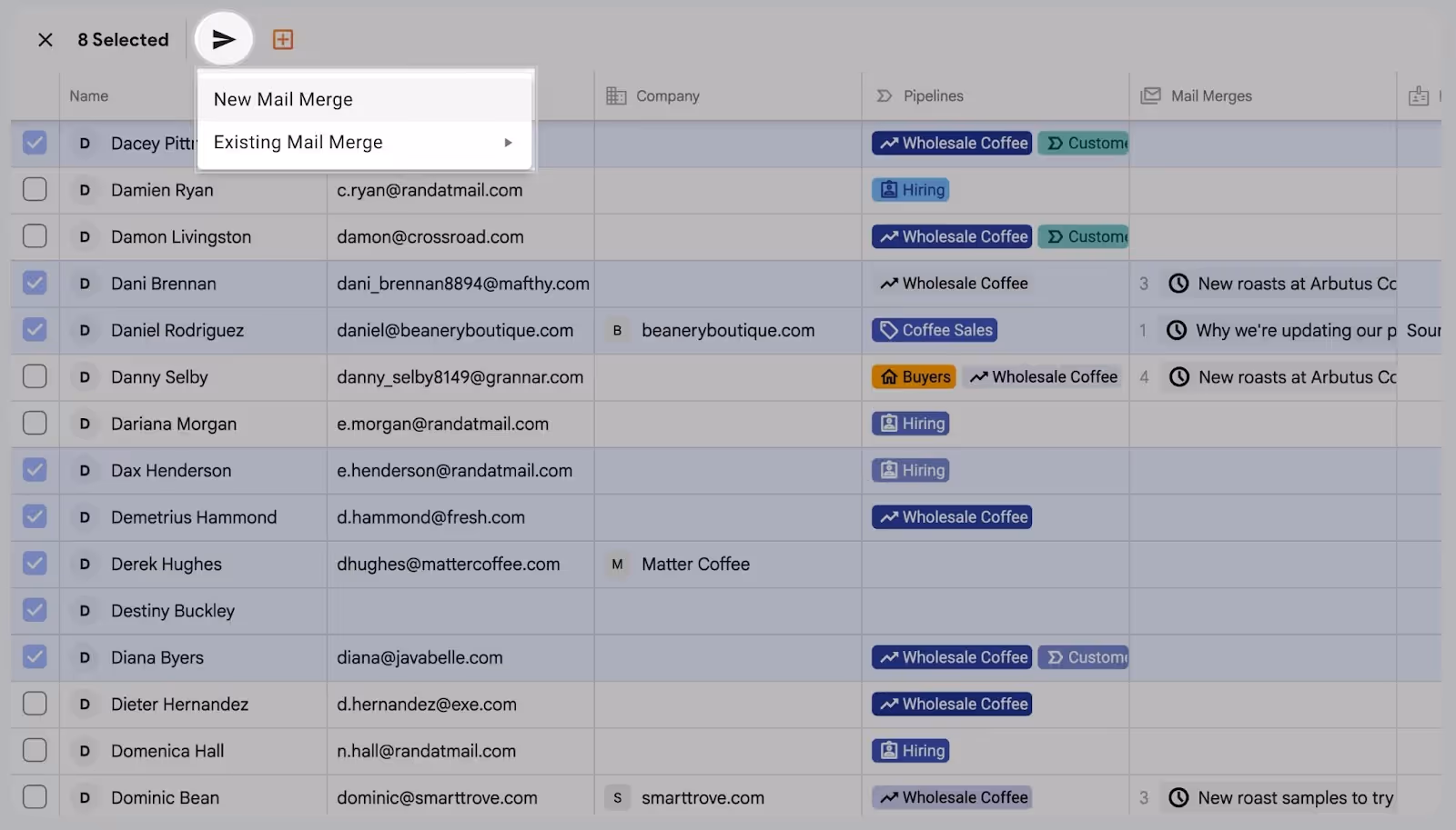 Streak CRM mail merge menu with contacts selected and options to start a new or existing mail merge.