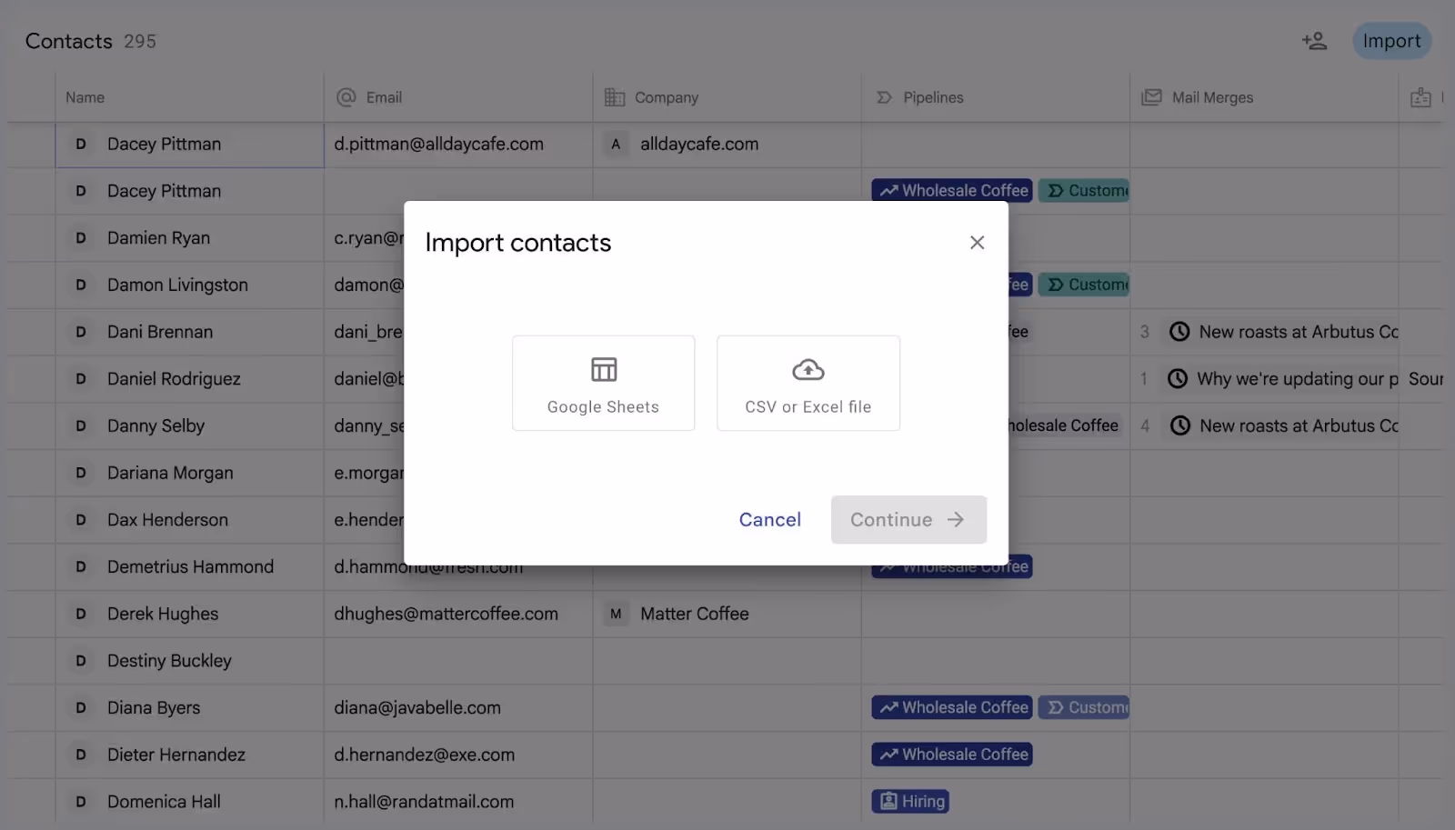 Streak CRM import contacts popup with options to upload via Google Sheets or CSV/Excel file.