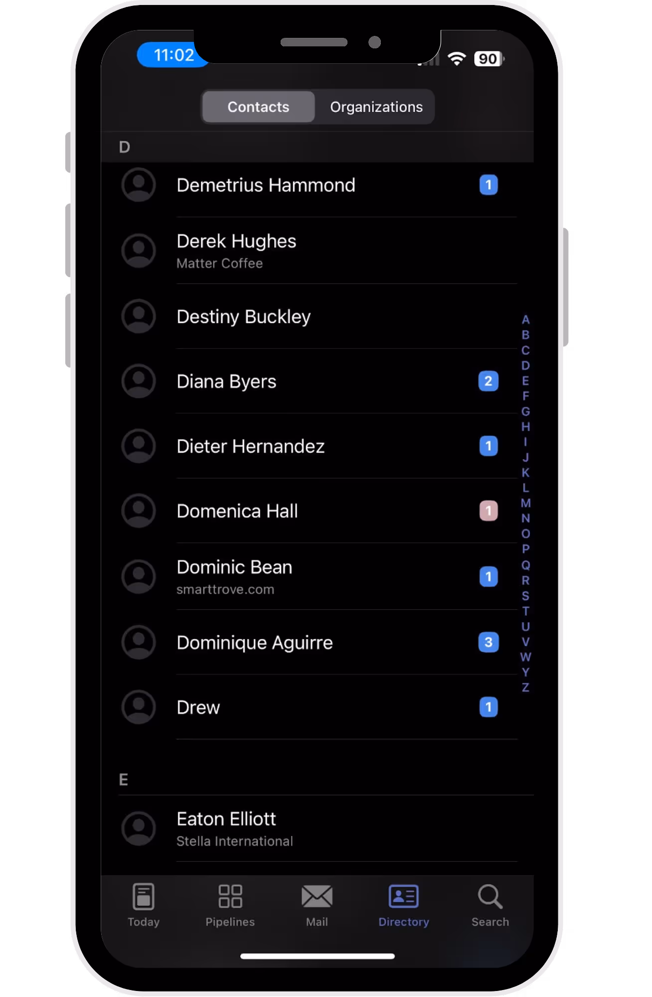 Streak mobile app showing Contacts directory with message counts and organization details.