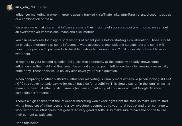 Reddit comment detailing how to track influencer marketing ROI using affiliate links, UTM parameters, and post metrics, plus tips for vetting influencers and optimizing spend.