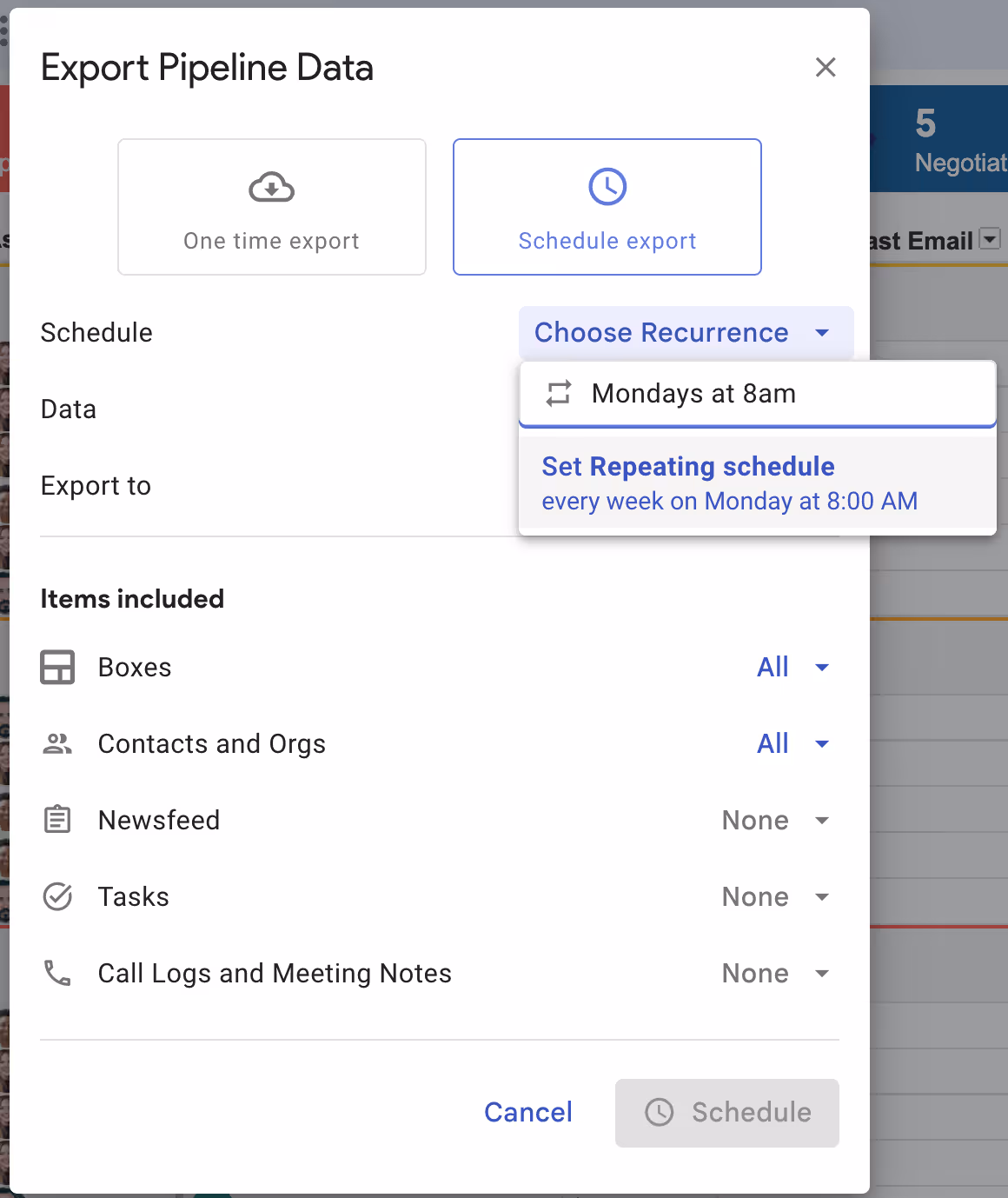 Scheduled export setup in Streak CRM with weekly recurrence options and export selections for boxes, contacts, tasks, and notes.