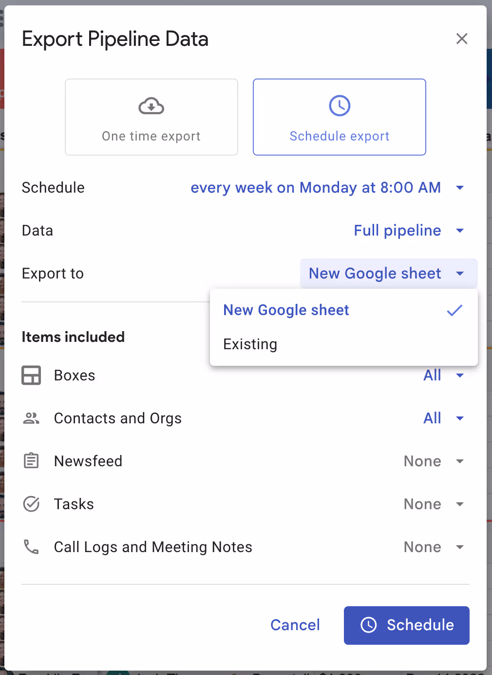 Streak CRM export settings for full pipeline data scheduled weekly to a new Google Sheet, with customizable item inclusion.