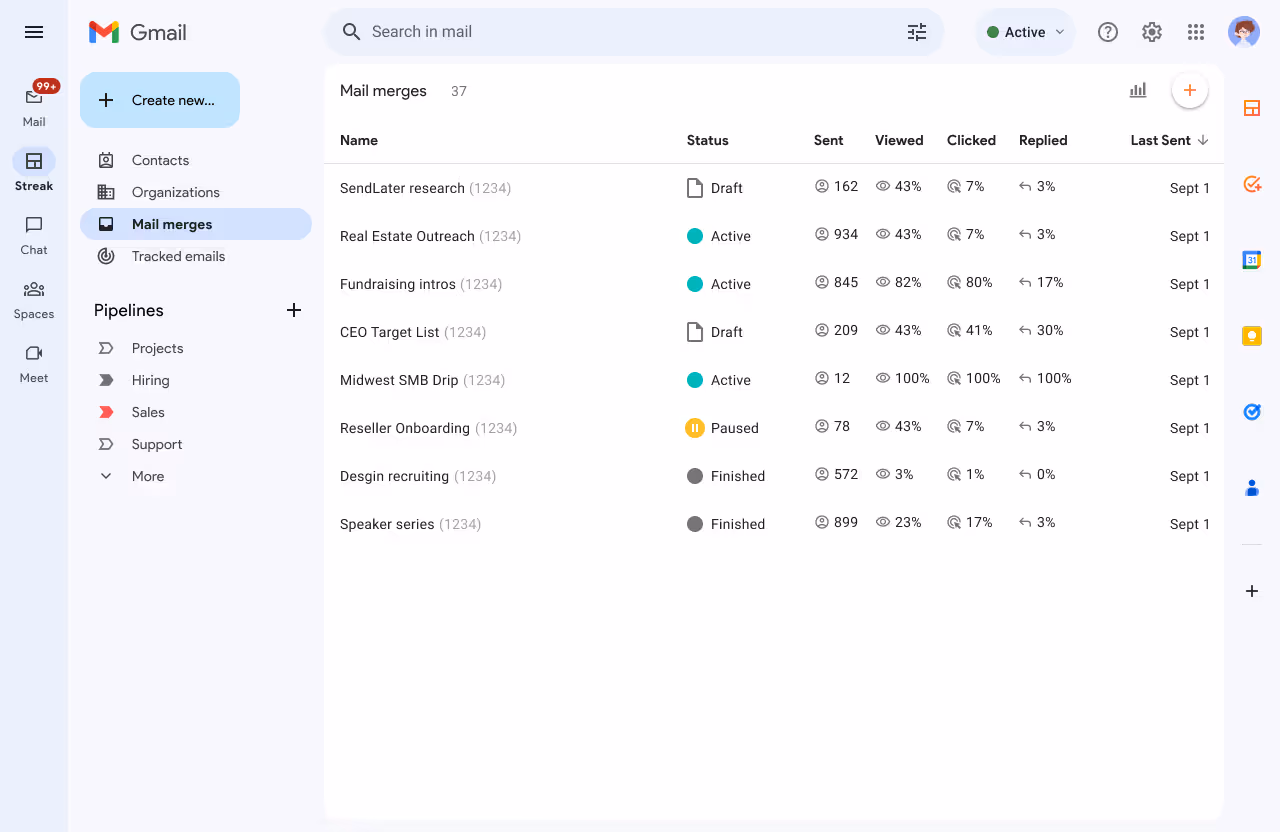 Streak CRM mail merge overview showing status, engagement metrics, and last sent dates for multiple campaigns in Gmail.