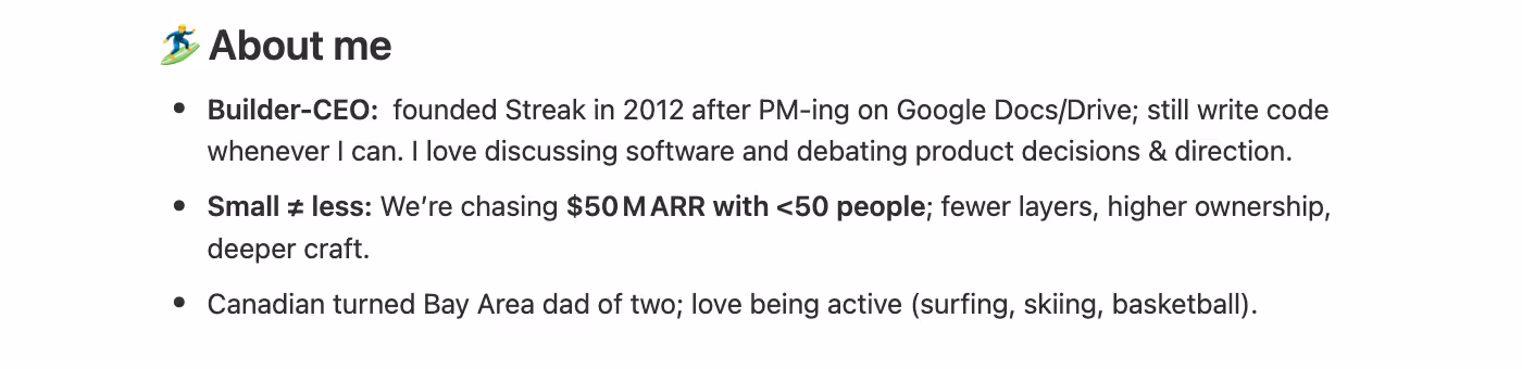 About me section of Streak CEO's "How I work" doc