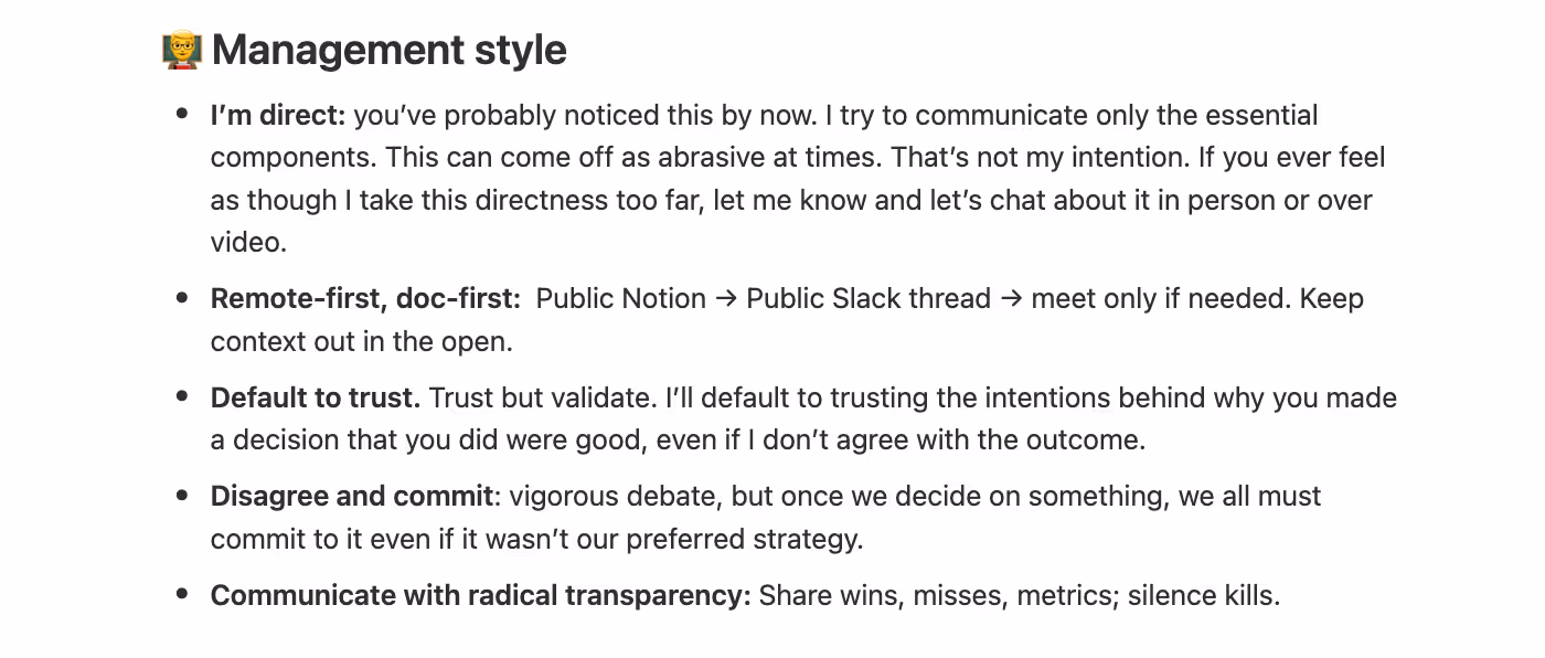 Section of Streak CEO's "How I work" doc that covers his management and communication style