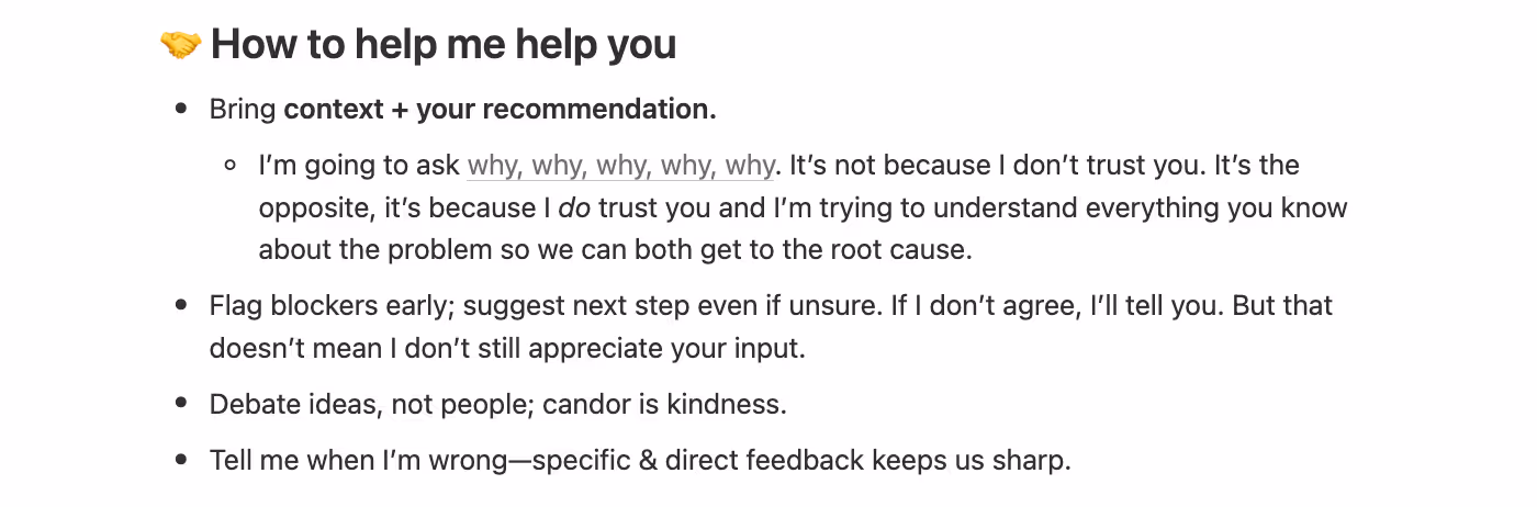 A section on "how to help me help you" outlines how team members can best use this information to work and communicate effectively with Streak CEO Aleem Mawani