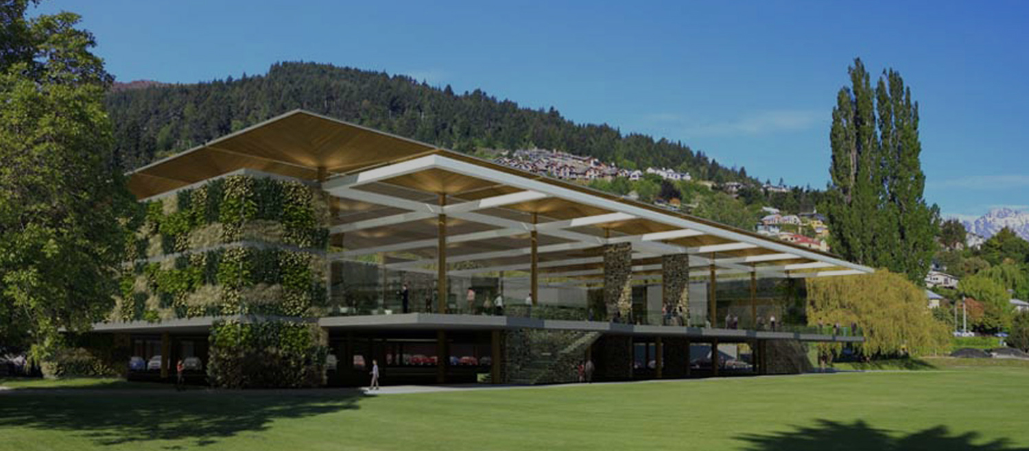 A rendered conceptual photo of a convention centre with a big open room with stone pillars that looks out over a large grass lawn