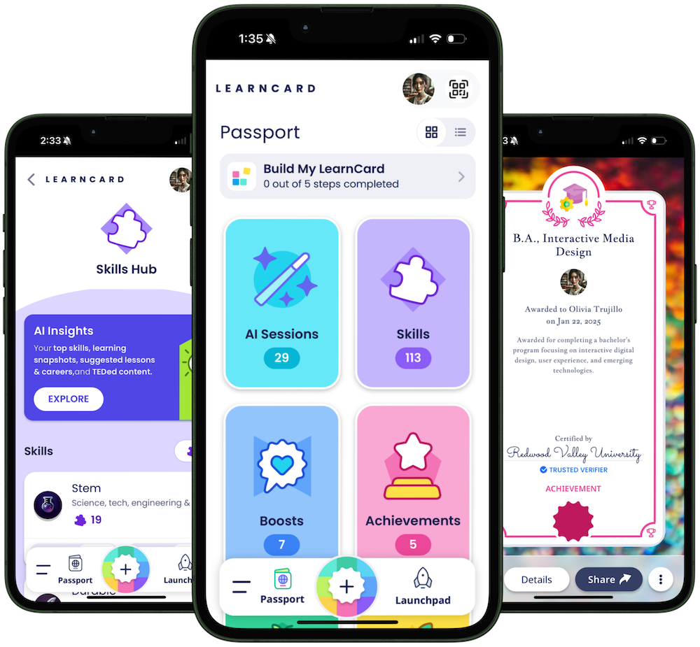 LearnCard ScreenShots Learning Economy Digital Wallet World Bank LEGO WEF MIT DCC T3 OSN WGU IBM iQ4 Randa 