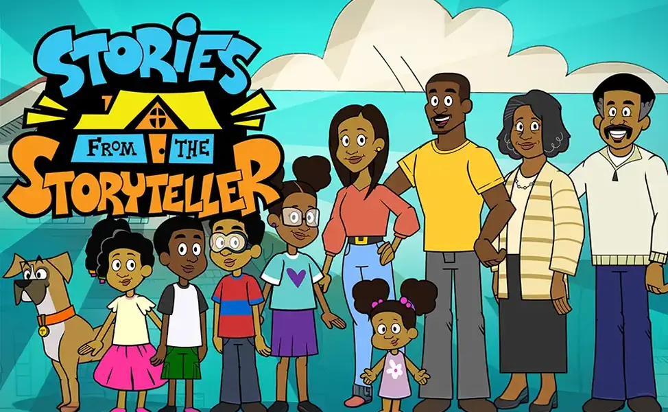 Cartoon family of nine people and a dog with text Stories From The Storyteller above them.