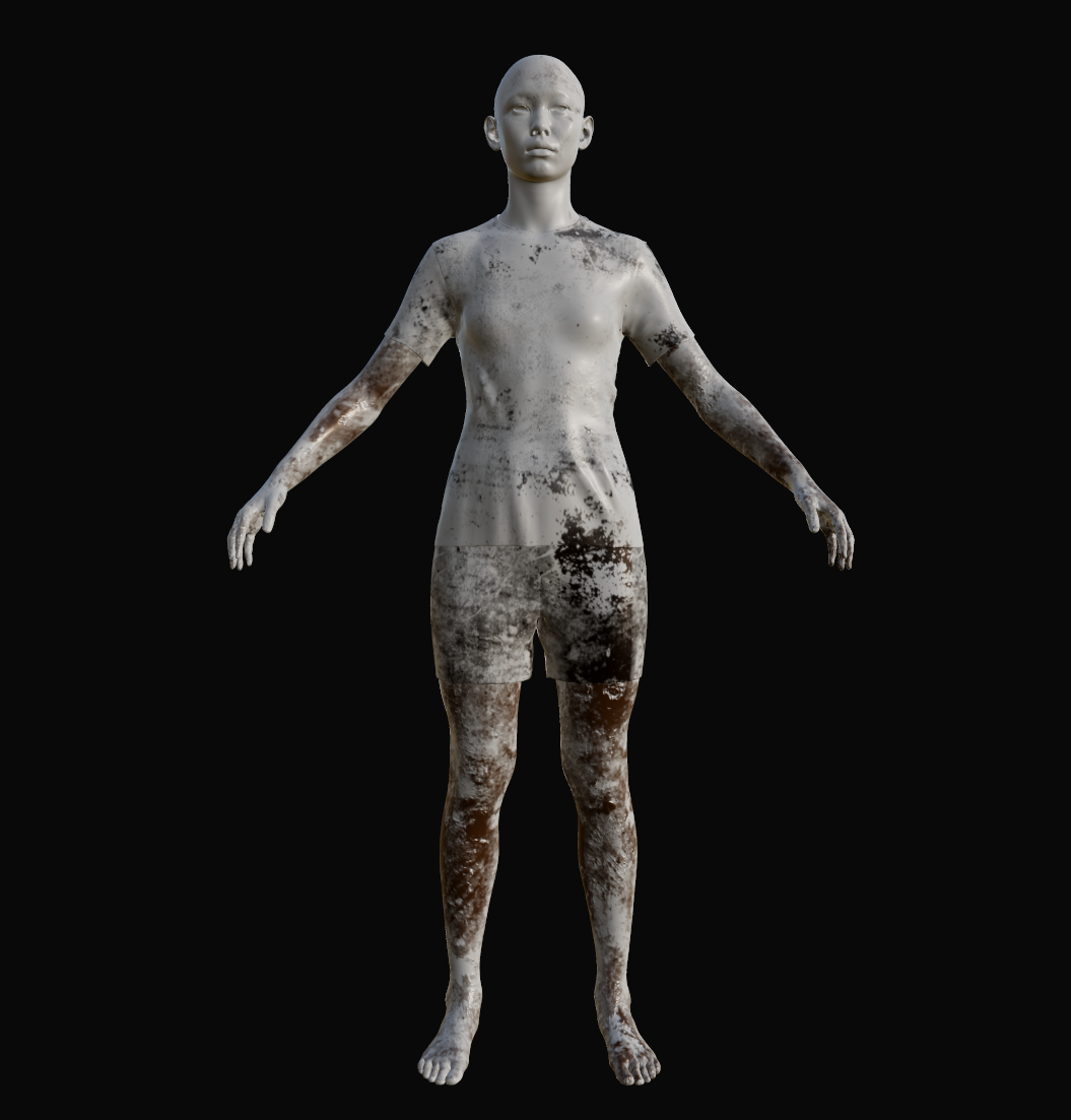 3D model of a human figure with arms outstretched, wearing a textured shirt and shorts with wet dirt stains and patches on the arms, legs, and torso.