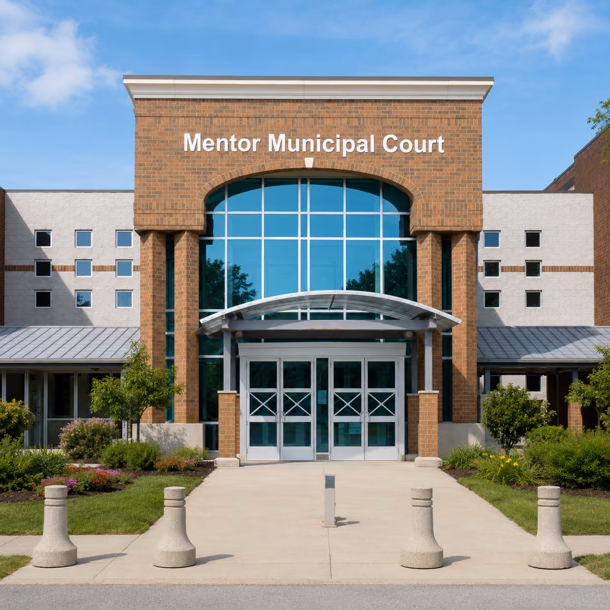 Exterior of the Mentor Municipal Court building at 8500 Civic Center Boulevard in Mentor, Ohio