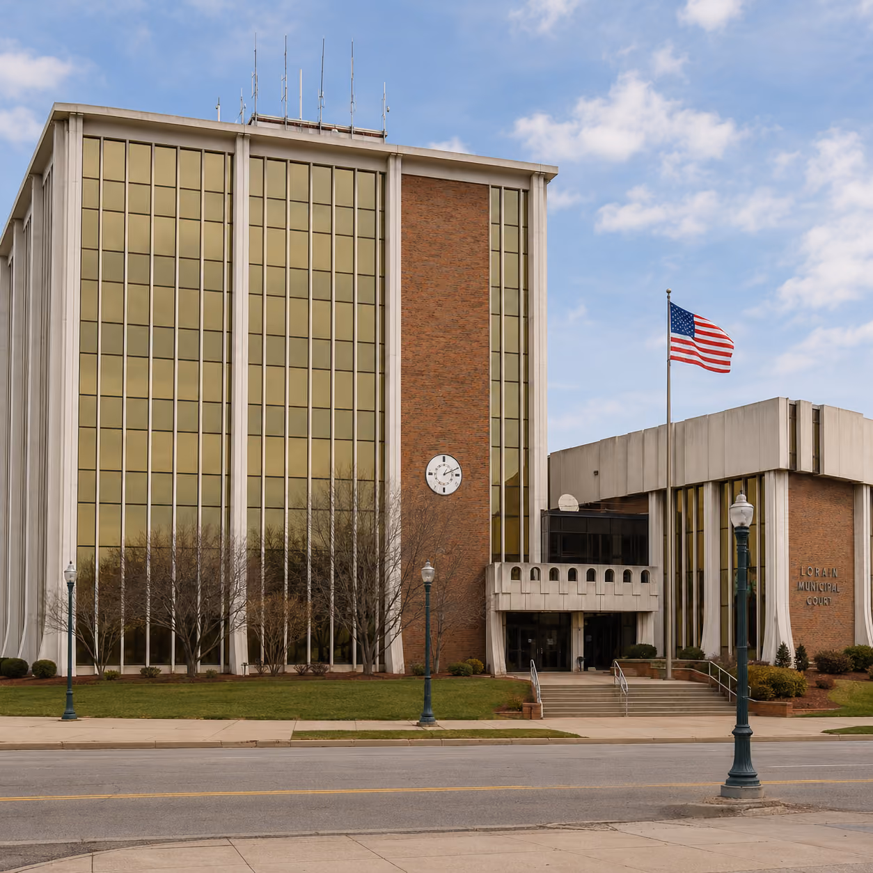 Exterior of the Lorain Municipal Court building at 100 West Erie Avenue in Lorain, Ohio