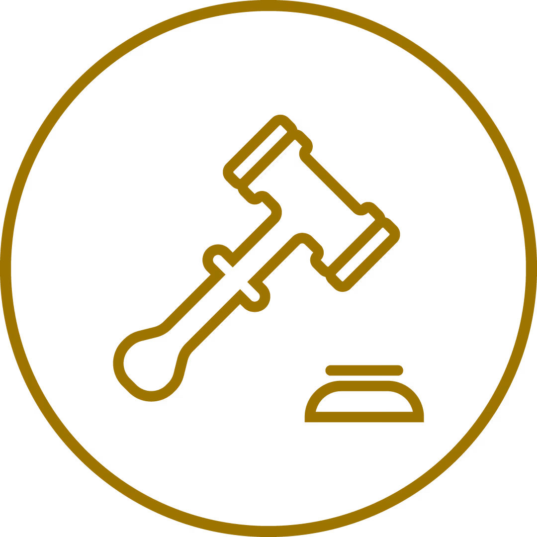 Icon of a gavel and block inside a circle, symbolizing law or justice.
