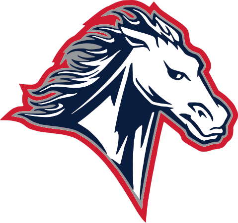 A mascot of a mustang horse head in red white and blue.