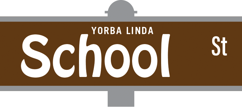 A vector drawing of a brown Yorba Linda street sign with the street name "school st".