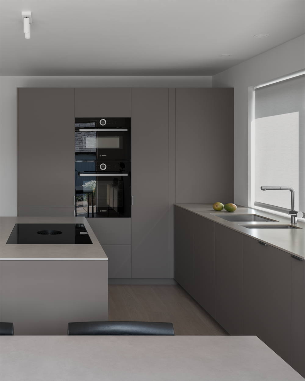 Open plan minimalist kitchen dining room featuring island unit, bleached oak floor, brown grey cabinets, natural stone work surface and bespoke dining table.