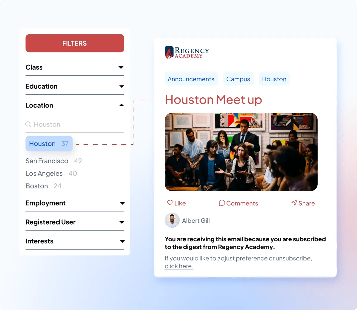 Segmented alumni email outreach with CRM list import, merge tags, reporting, and granular lists.
