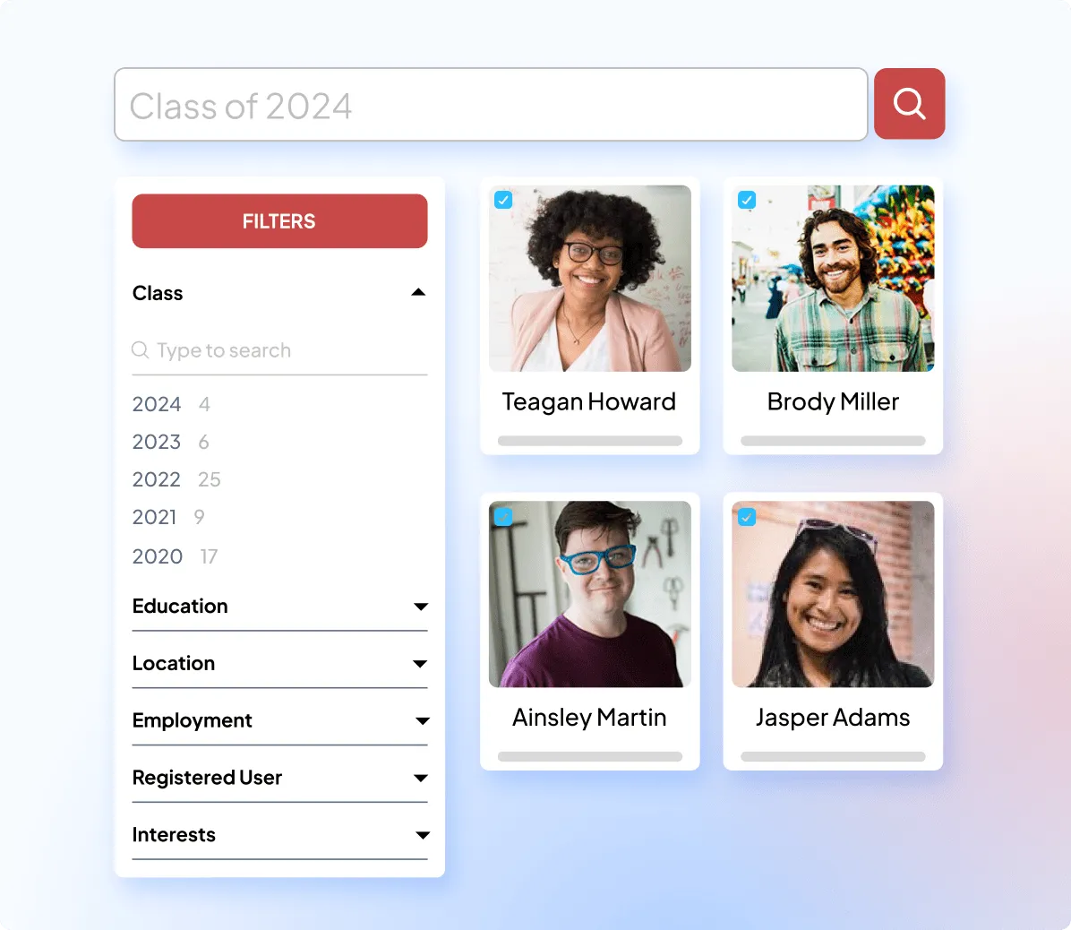Alumni directory with custom filters, AI-driven networking, alumni map, and one-to-one messaging