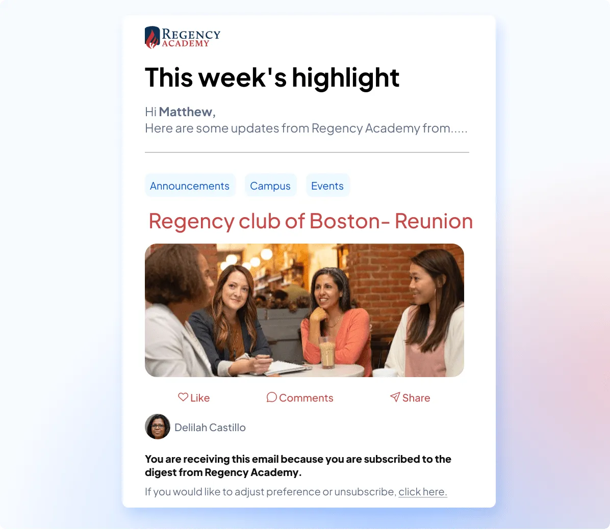Almabase email automation that instantly converts community posts into personalized newsletters without using clunky email tools