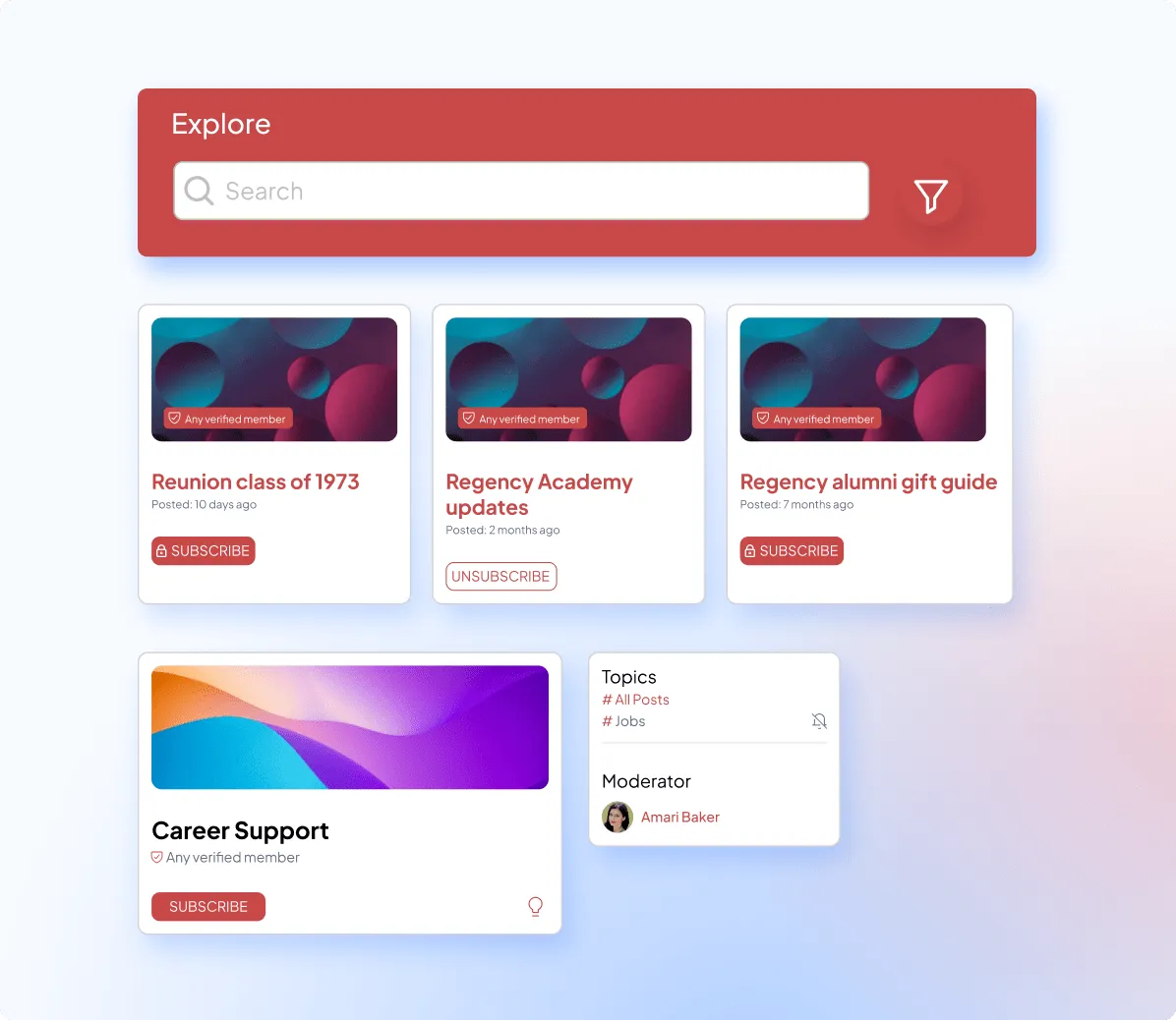 Almabase affinity groups providing a safe space for self-serve engagement through chapters, interest-based groups, student-alumni networks, and career communities