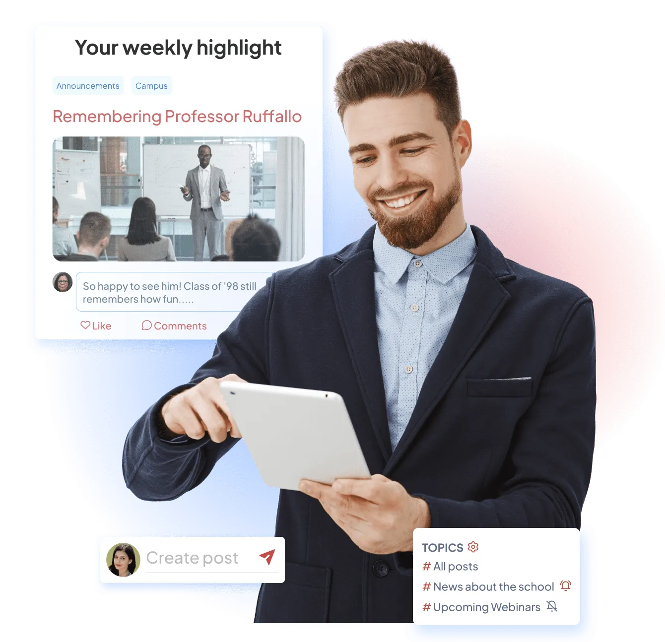 Almabase personalized email newsletter with automated monthly digests, interest-based content, and curated resources for alumni communities
