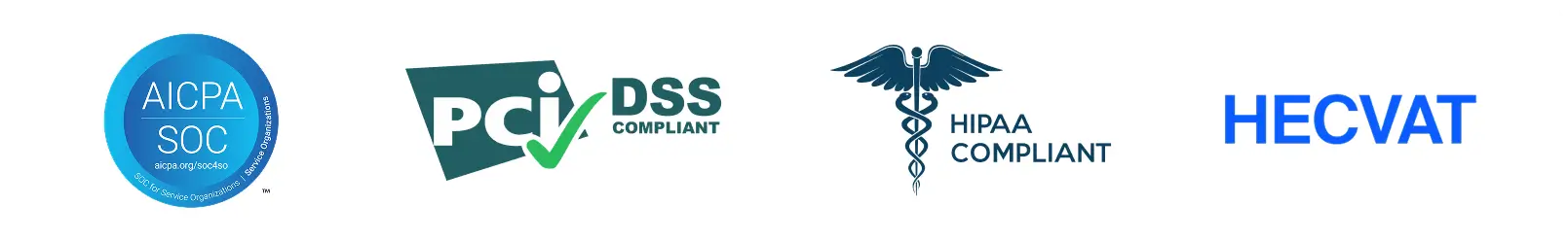 Logos for AICPA SOC, PCI DSS compliant, HIPAA compliant, and HECVAT compliance standards.