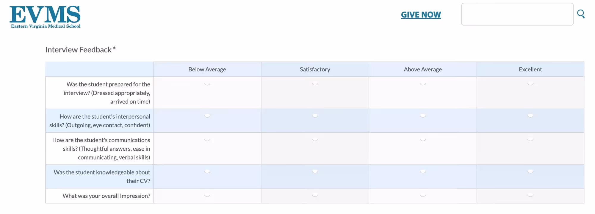 Eastern Virginia Medical School Interview Evaluation Form