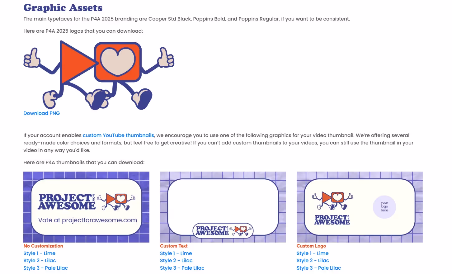 A screenshot of the Project for Awesome website where campaign participants can download branded graphic assets to promote consistency across UGC.
