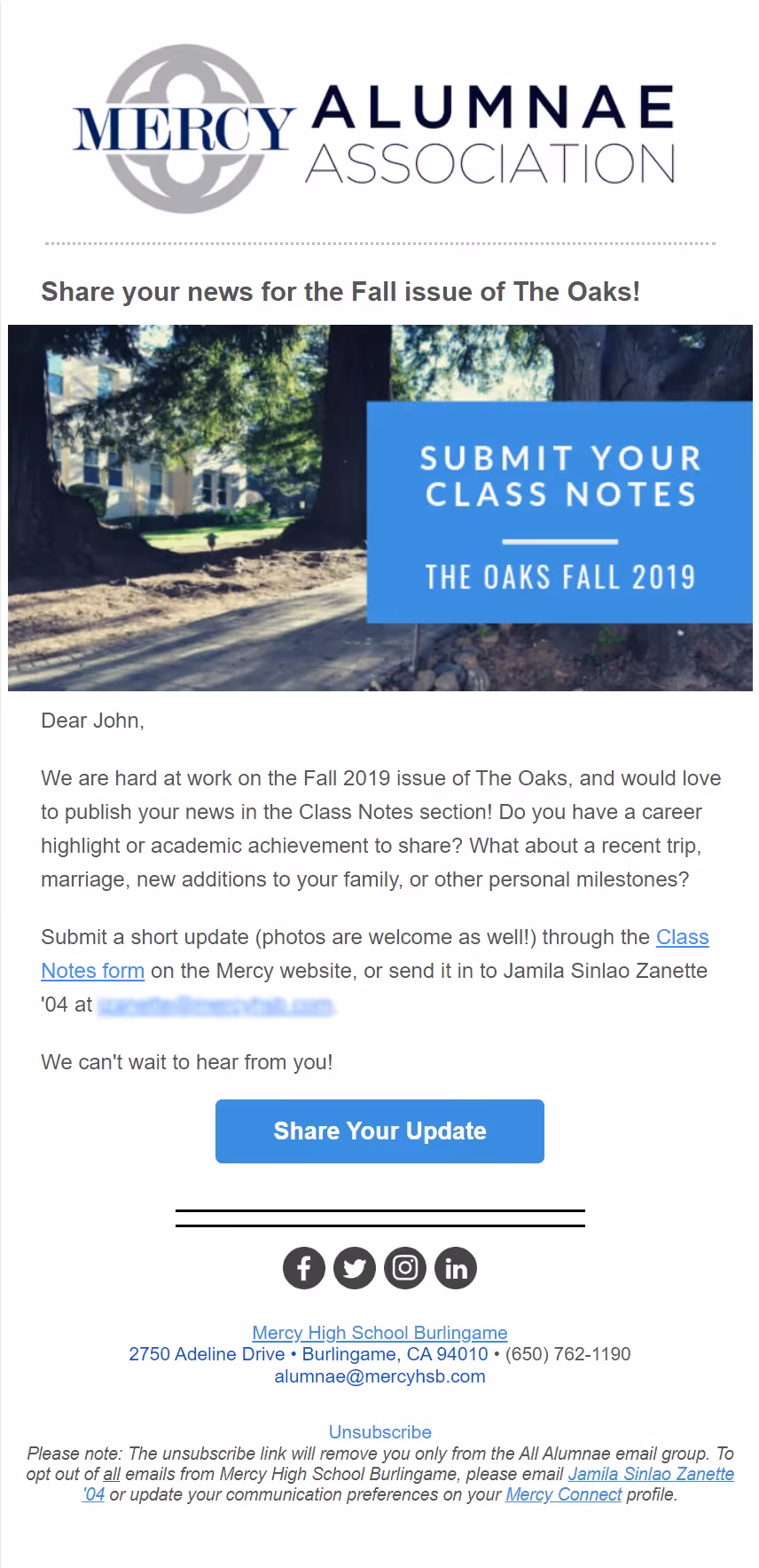How Mercy High School, Burlingame, leverages clear CTAs in their emails