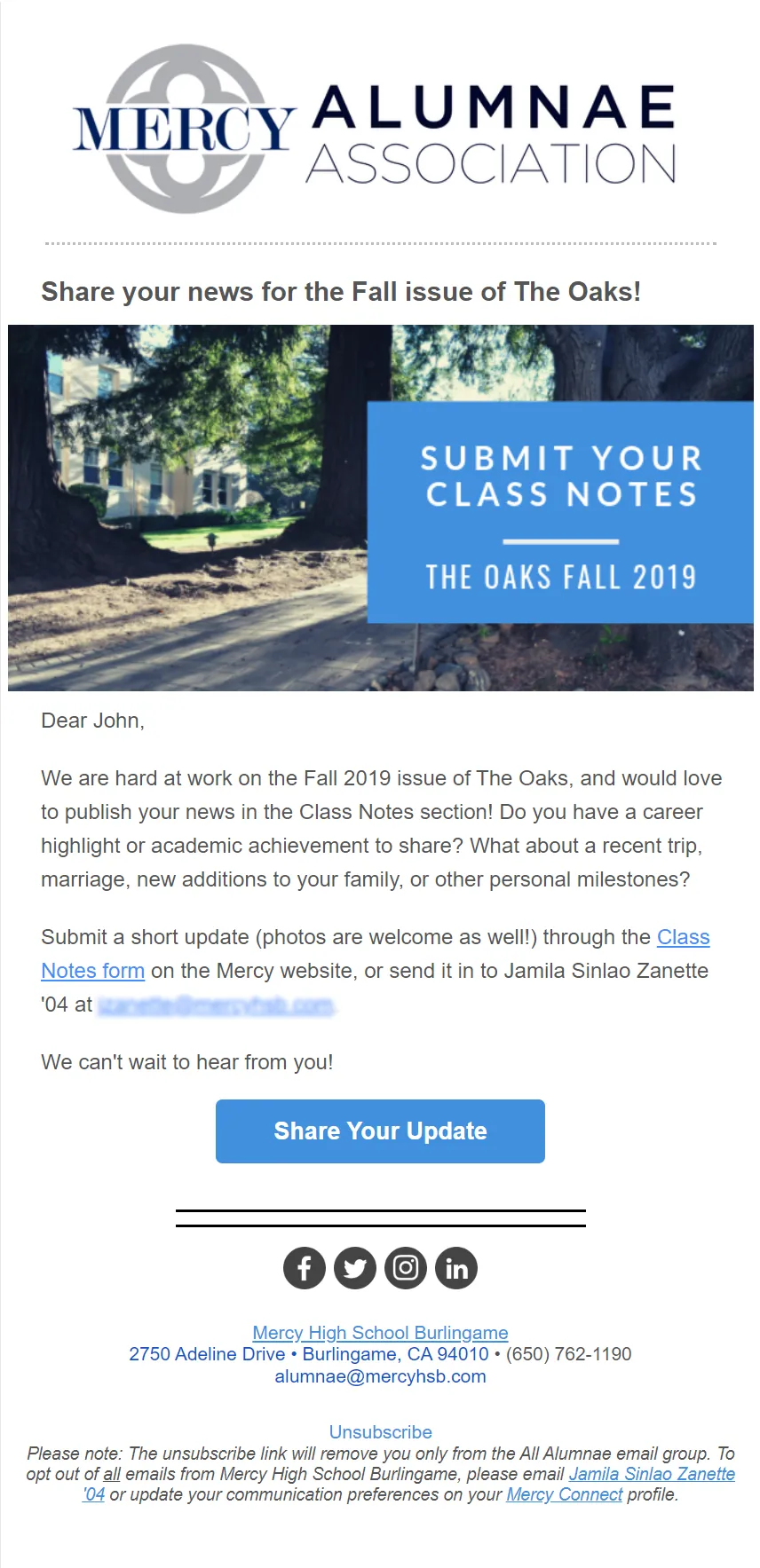 How Mercy High School, Burlingame, leverages clear CTAs in their emails