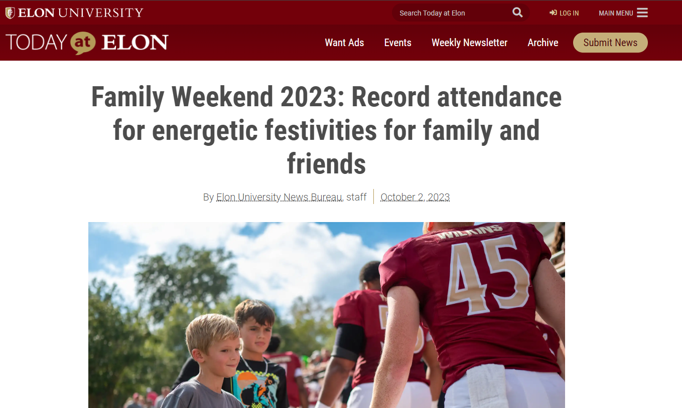In 2023, Elon University had a record attendance of 2,148 registered families for their Family Weekend resulting in 7,200 guests over three days