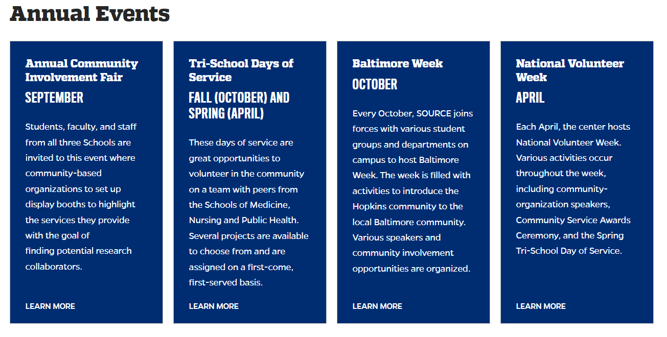 The Johns Hopkins University’s alumni association hosts several days of service throughout the year