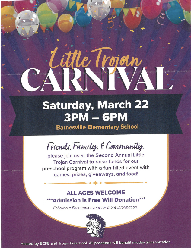 A promotion image for the Annual Little Trojan Carnival fundraiser hosted by the Barnesville ECFE and Trojan Preschool