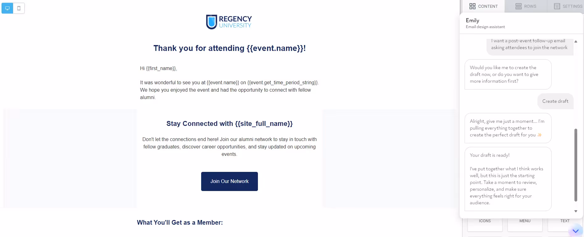 An example of Emily AI creating a follow-up email with just a simple prompt