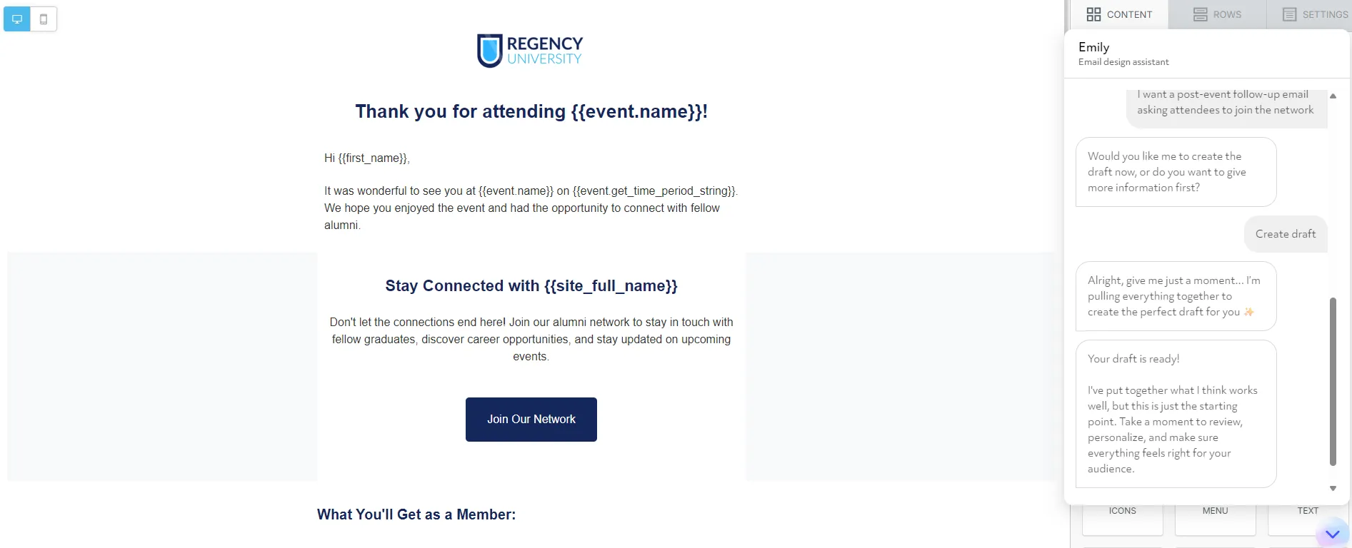 An example of Emily AI creating a follow-up email with just a simple prompt